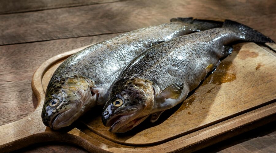 fresh rainbow trout on wooden cutting board